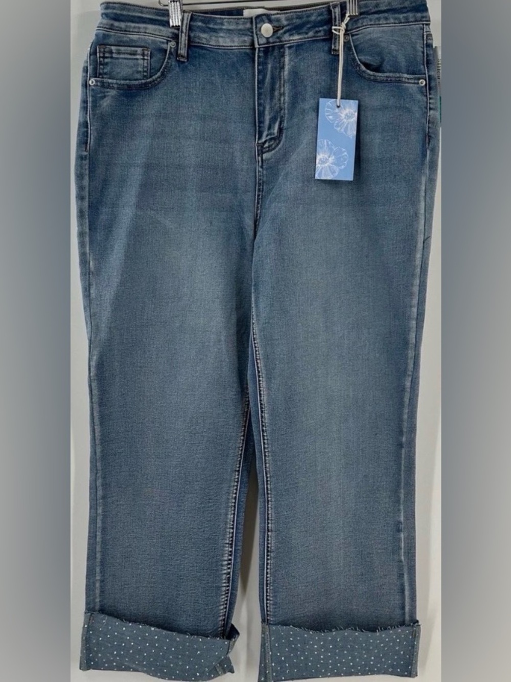 Poppy & Grace Keiko Straight Leg Jeans Indigo Rhinestone Cuff Size 14